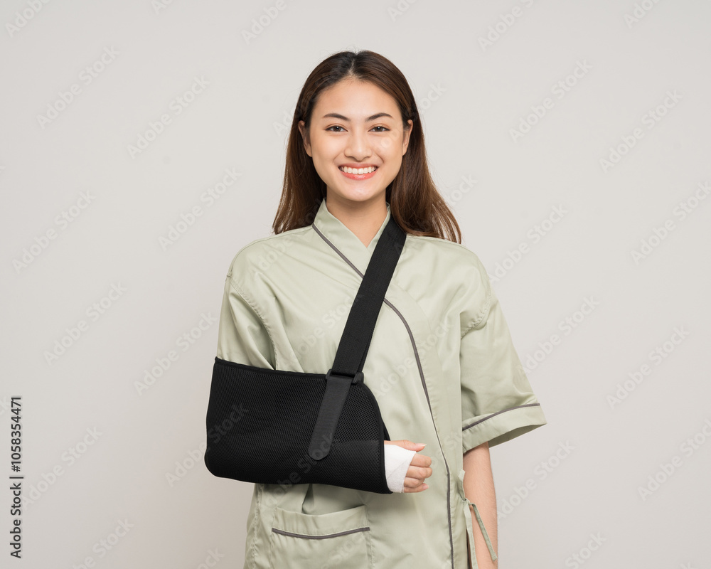 Happy young asian woman broken arm on isolated background. Asian female put on plaster bandage cast splint. Patient wearing sling support arm after accident injury. life insurance and accident Happy young asian woman broken arm on isolated background. Asian female put on plaster bandage cast splint. Patient wearing sling support arm after accident injury. life insurance and accident