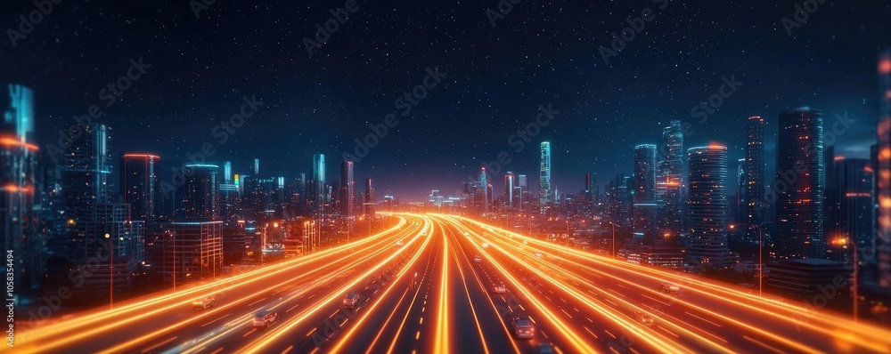 Obraz premium Dynamic cityscape with bright light trails on a highway at night.