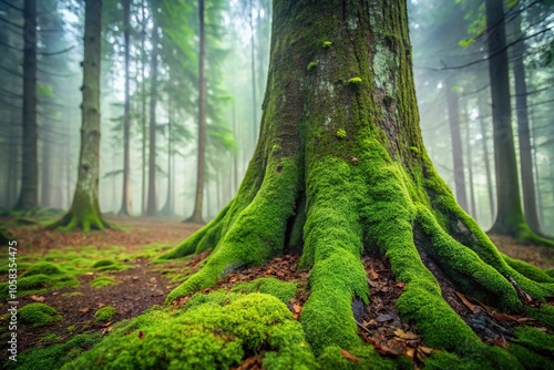 Lush moss growth on a large tree trunk in a misty forest atmosphere, atmospheric conditions, moss