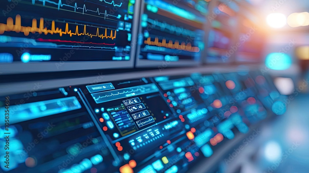 Close-up of futuristic control panel with digital screens and colorful graphs. Close-up of futuristic control panel with digital screens and colorful graphs.