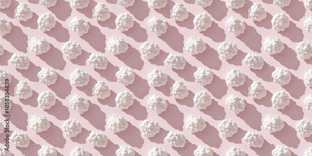 A seamless pattern of cauliflowers, each with its shadow, scattered across the canvas in an elegant display, with soft shadows on a soft pale pink color background