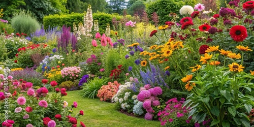 Lush and vibrant flower border in a cottage garden setting with a mix of annuals and perennials, garden design, mix of flowers, floristry, flower border