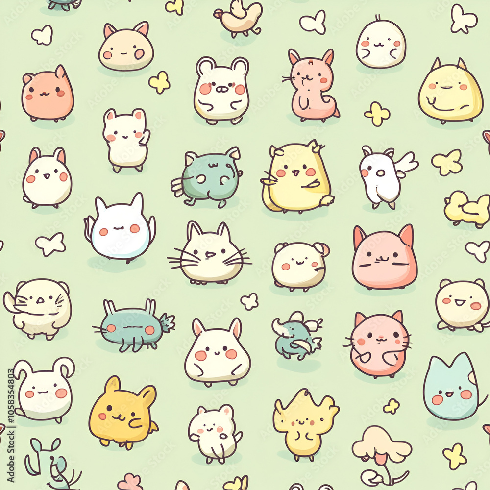 Cute Cartoon Animal Pattern with Pastel Colors - Perfect for children’s designs, wallpapers, and textiles. The playful and whimsical style creates a cheerful mood Cute Cartoon Animal Pattern with Pastel Colors - Perfect for children’s designs, wallpapers, and textiles. The playful and whimsical style creates a cheerful mood