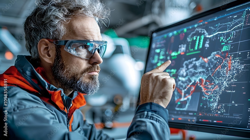 Aerospace Engineer Reviewing Real Time Weather Data and Forecasting Analytics on a Digital Dashboard Display Before Conducting a Critical Test Flight Aerospace Engineer Reviewing Real Time Weather Data and Forecasting Analytics on a Digital Dashboard Display Before Conducting a Critical Test Flight