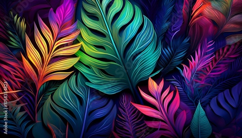 Vibrant flat lay arrangement of tropical leaves in fluorescent colors against a dark backdrop. Generative AI