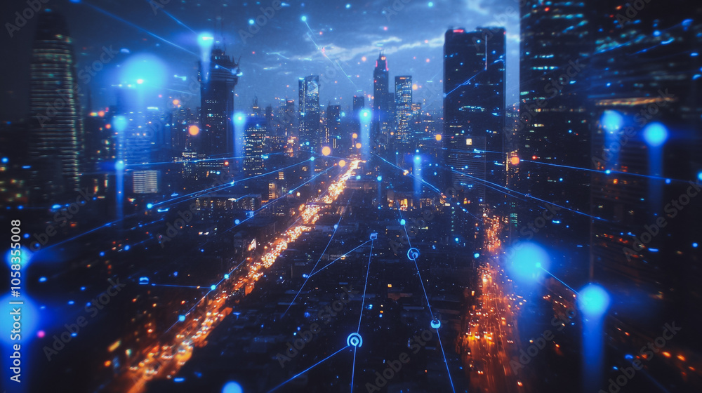 Smart digital Innovation city with connection network reciprocity over the cityscape. of future smart wireless digital city and social media networking systems that connects people with in city Smart digital Innovation city with connection network reciprocity over the cityscape. of future smart wireless digital city and social media networking systems that connects people with in city