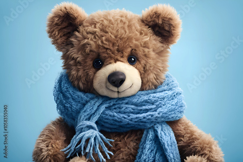 Blue Teddy Bear with Scarf on Blue Background, Symbolizing Blue Monday Concept photo