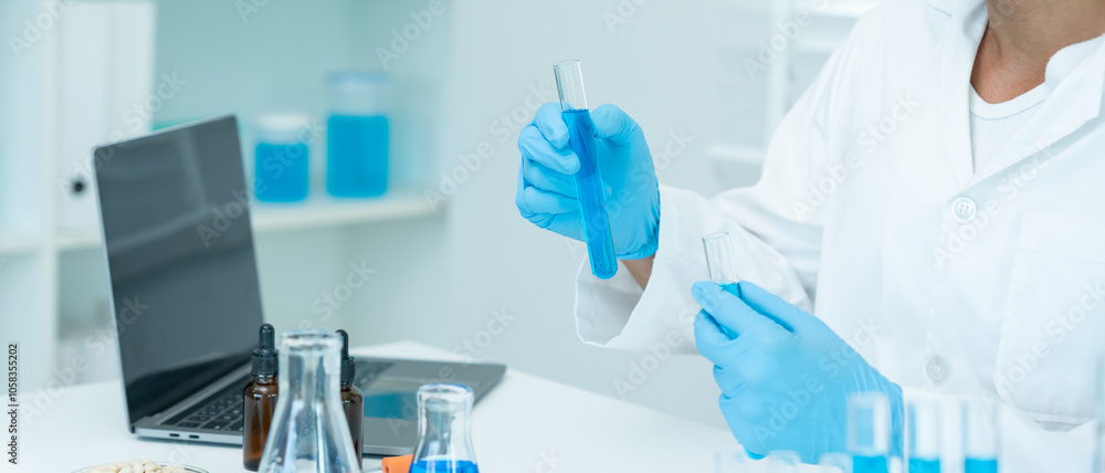 Scientist analyze biochemical sample in advanced scientific laboratory. Medical professional check chemical mix microbiological developmental of viral. Biotechnology research in science lab. cosmetic Scientist analyze biochemical sample in advanced scientific laboratory. Medical professional check chemical mix microbiological developmental of viral. Biotechnology research in science lab. cosmetic