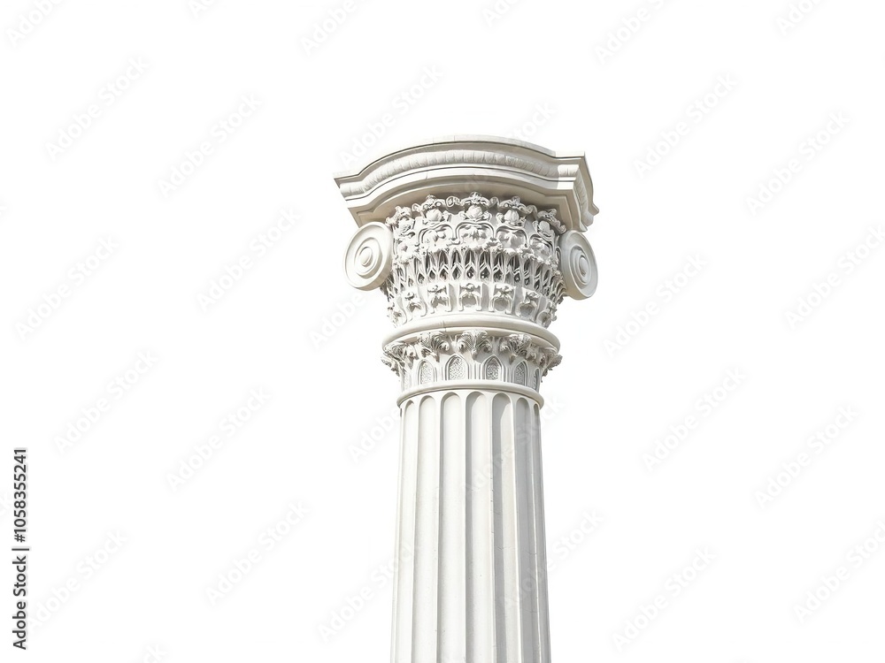 Isolated white doric column with intricate fluted design and ornate capital, pillar, symbol Isolated white doric column with intricate fluted design and ornate capital, pillar, symbol