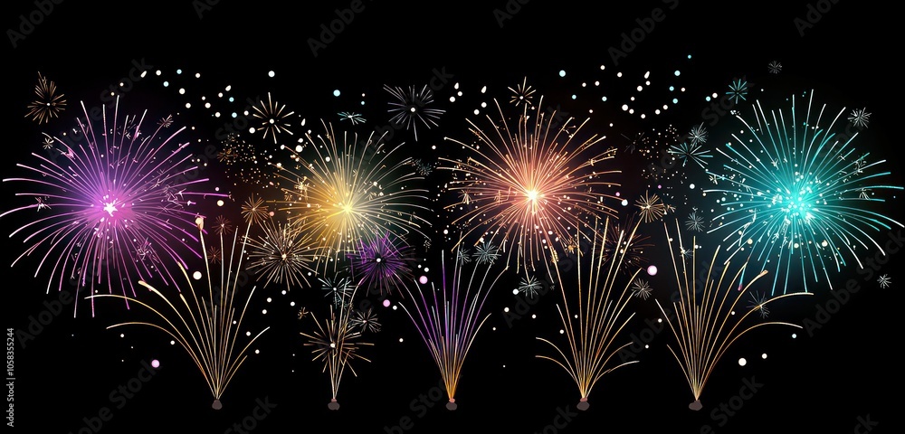 Dynamic Fireworks Dynamic fireworks creating a festive scene on a soft black backdrop ...