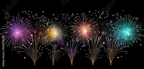 Dynamic fireworks creating a festive scene on a soft black backdrop. photo