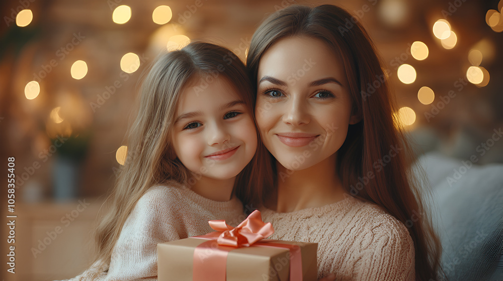 Woman and baby holding a gift box Woman and baby holding a gift box