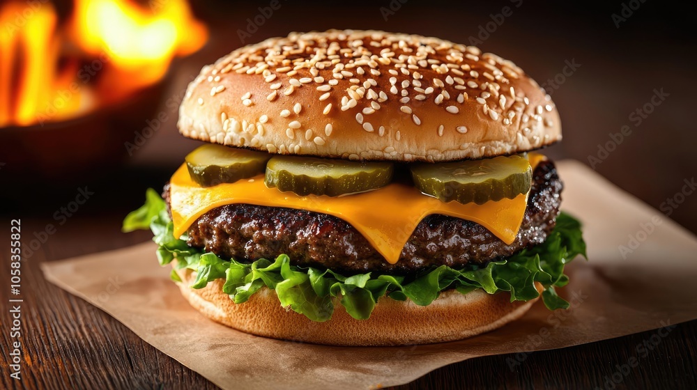 Delicious cheeseburger with lettuce, pickles, and sesame seed bun, dark background. Delicious cheeseburger with lettuce, pickles, and sesame seed bun, dark background.