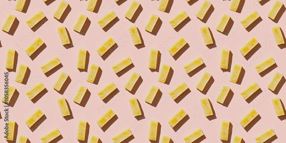 A seamless pattern of lemon bars, each with its shadow, scattered across the canvas in an elegant display, with soft shadows on a soft pale pink color background A seamless pattern of lemon bars, each with its shadow, scattered across the canvas in an elegant display, with soft shadows on a soft pale pink color background