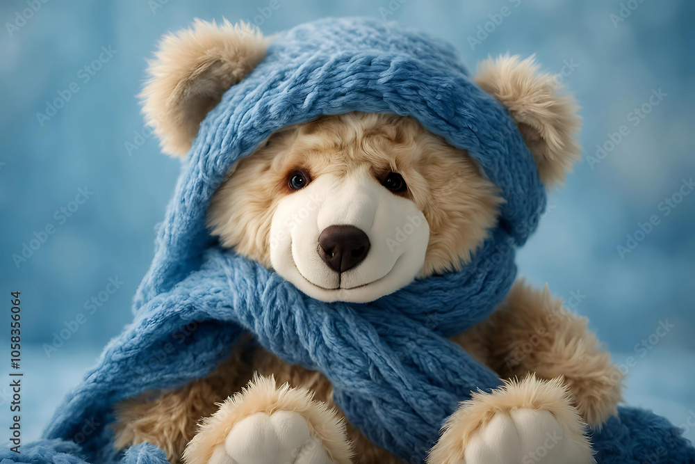 Blue Teddy Bear with Scarf on Blue Background, Symbolizing Blue Monday Concept, teddy bear in winter Blue Teddy Bear with Scarf on Blue Background, Symbolizing Blue Monday Concept, teddy bear in winter