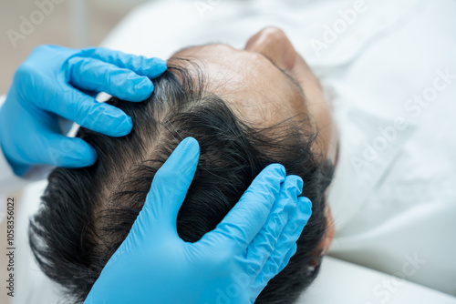 Foto Specialist of hair check health of hair for Asian man, damaged hair, hair loss,