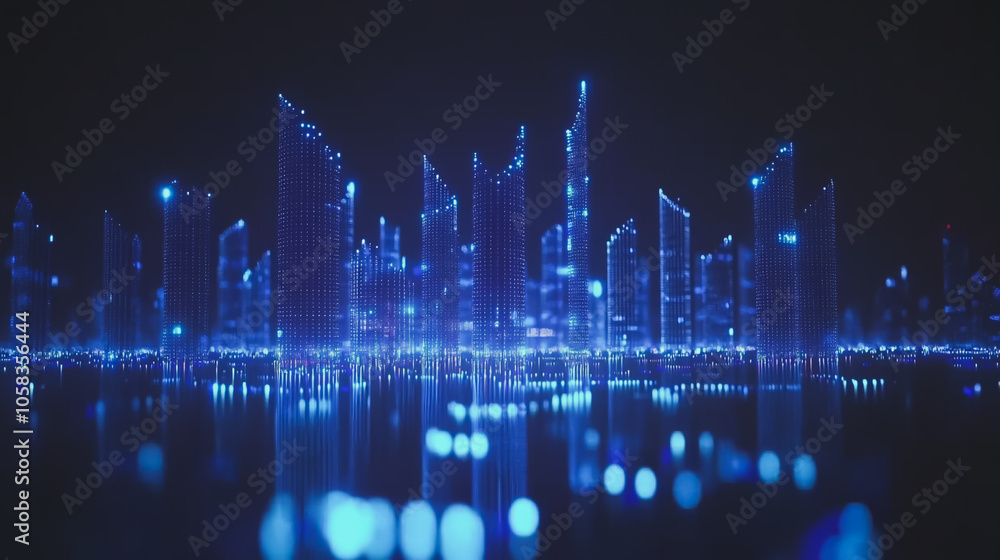 Fototapeta premium Smart digital Innovation city with connection network reciprocity over the cityscape. of future smart wireless digital city and social media networking systems that connects people with in city