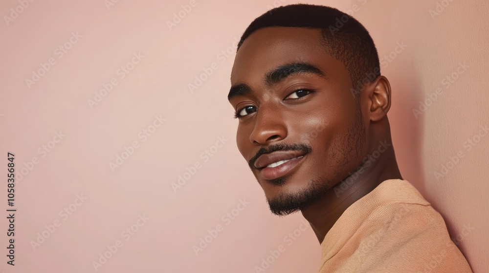 A smiling man poses against a soft pink background. A smiling man poses against a soft pink background.