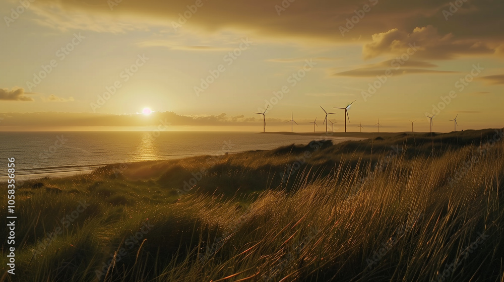north sea with wind turbines in the background, birds flying overhead, rays of sunlight breaking through the clouds north sea with wind turbines in the background, birds flying overhead, rays of sunlight breaking through the clouds