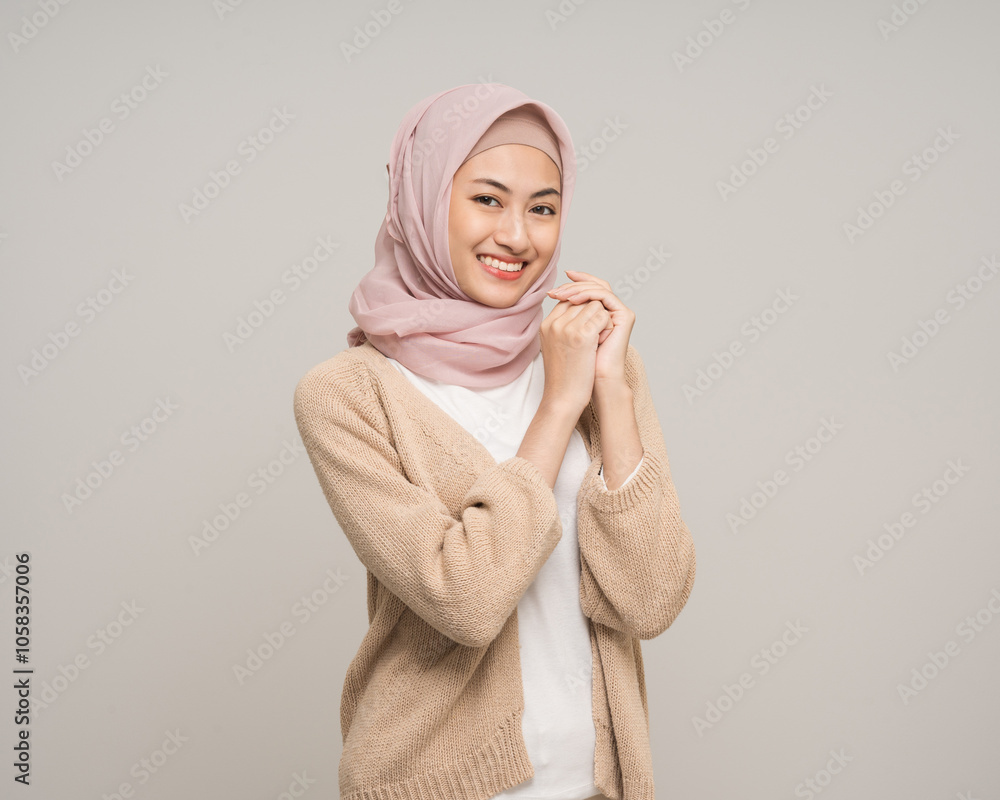 Portrait happy young asian muslim woman standing on isolated white background. Beautiful Attractive Muslim woman wearing abaya and hijab fashion costume shot in studio Portrait happy young asian muslim woman standing on isolated white background. Beautiful Attractive Muslim woman wearing abaya and hijab fashion costume shot in studio