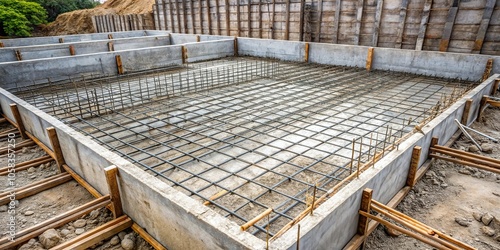 Exposed concrete foundation with visible rebar and rough texture, building, rough, rebar