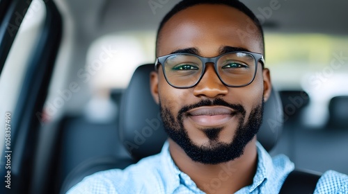 A smiling man wearing glasses sits inside a car, projecting confidence and approachability.