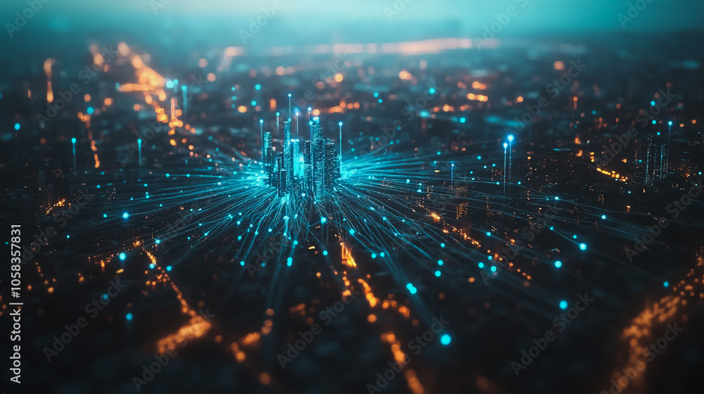 Smart digital Innovation city with connection network reciprocity over the cityscape. of future smart wireless digital city and social media networking systems that connects people with in city Smart digital Innovation city with connection network reciprocity over the cityscape. of future smart wireless digital city and social media networking systems that connects people with in city