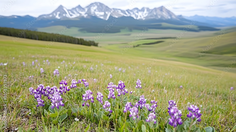 A scenic view of purple wildflowers in a vast green meadow, with majestic snow-capped mountains in the background under a clear sky. A scenic view of purple wildflowers in a vast green meadow, with majestic snow-capped mountains in the background under a clear sky.
