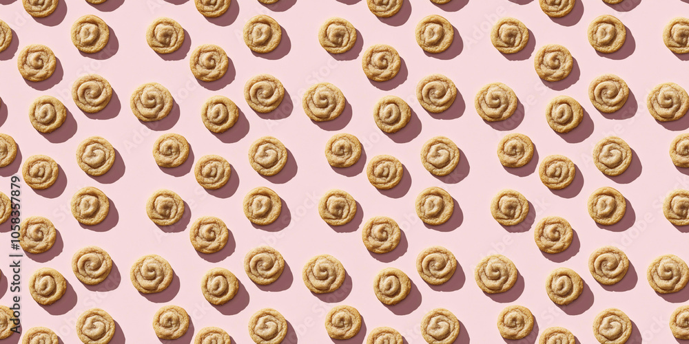 A seamless pattern of snickerdoodle cookies, each with its shadow, scattered across the canvas in an elegant display, with soft shadows on a soft pale pink color background A seamless pattern of snickerdoodle cookies, each with its shadow, scattered across the canvas in an elegant display, with soft shadows on a soft pale pink color background