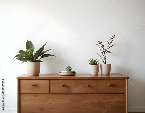 A wooden dresser with drawers, a potted plant, and various decorative items on top in a minimalist, natural-toned room.