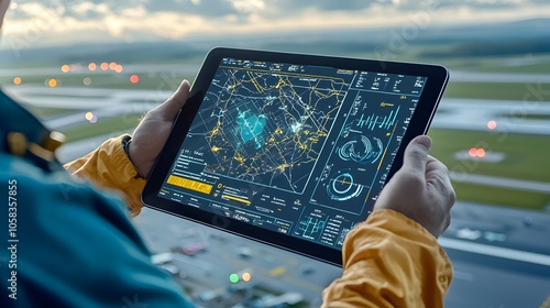 Wallpaper Mural Close up of an aviation engineer holding a digital tablet displaying real time flight performance data metrics and analytics on a dashboard interface with a runway in the background Torontodigital.ca