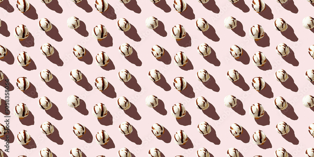 A seamless pattern of sundaes, each with its shadow, scattered across the canvas in an elegant display, with soft shadows on a soft pale pink color background A seamless pattern of sundaes, each with its shadow, scattered across the canvas in an elegant display, with soft shadows on a soft pale pink color background