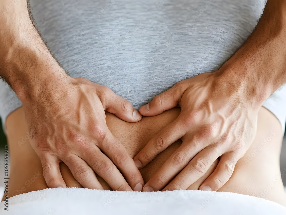 Fototapeta premium A person with hands on their lower back, suggesting discomfort or pain, possibly indicating a back issue or strain.