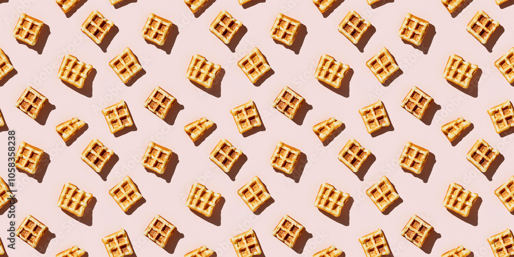 A seamless pattern of waffles, each with its shadow, scattered across the canvas in an elegant display, with soft shadows on a soft pale pink color background A seamless pattern of waffles, each with its shadow, scattered across the canvas in an elegant display, with soft shadows on a soft pale pink color background