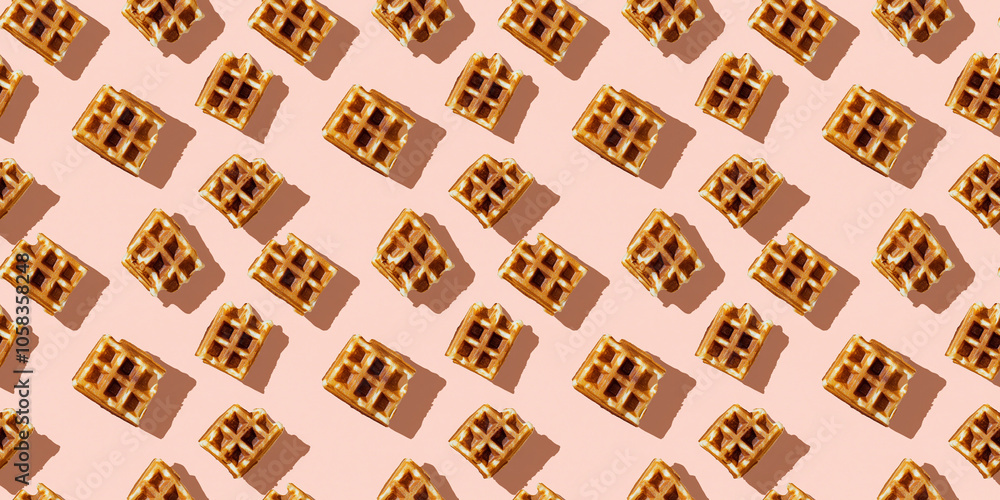 A seamless pattern of waffles, each with its shadow, scattered across the canvas in an elegant display, with soft shadows on a soft pale pink color background A seamless pattern of waffles, each with its shadow, scattered across the canvas in an elegant display, with soft shadows on a soft pale pink color background
