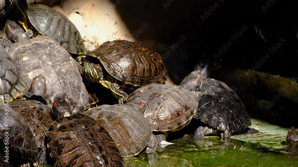 Turtles climbing on top of each other to sunbathe in the pond