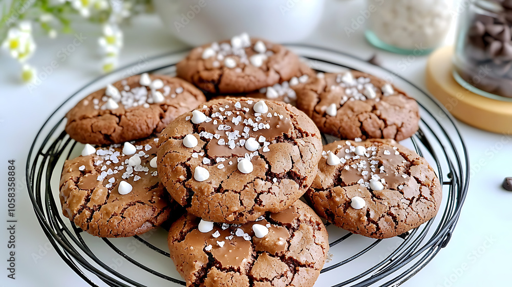 Indulge in delightful vegan chocolate cookies topped with sea salt sprinkles for a decadent treat Indulge in delightful vegan chocolate cookies topped with sea salt sprinkles for a decadent treat