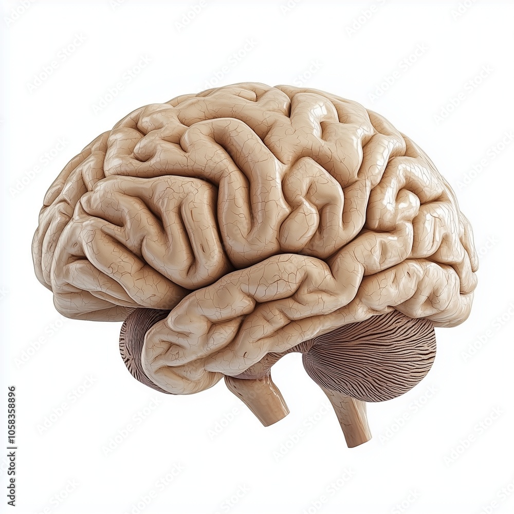 A realistic 3D illustration of the human brain, showcasing detailed anatomical features for medical or educational purposes A realistic 3D illustration of the human brain, showcasing detailed anatomical features for medical or educational purposes