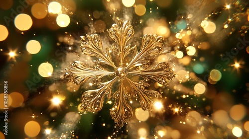 Gold snowflake with bokeh lights Christmas Ornament Decoration Simple Neutral Background with Free Space for Design