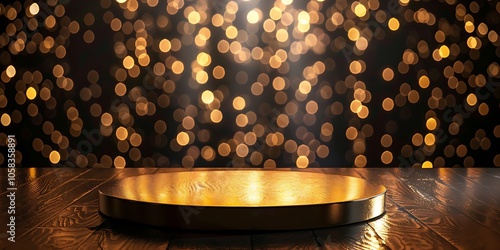 Golden Podium with Bokeh Lights Background for Product Display Blank Background with Copy Space for Design Projects