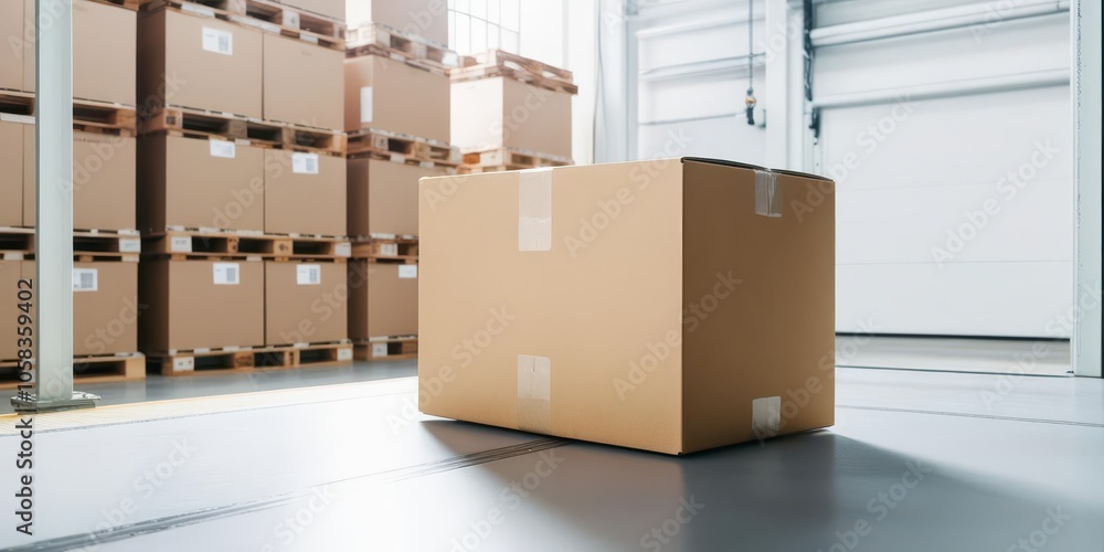 A single cardboard box in a well-lit warehouse surrounded by stacked pallets, suggesting a shipping or storage environment. A single cardboard box in a well-lit warehouse surrounded by stacked pallets, suggesting a shipping or storage environment.