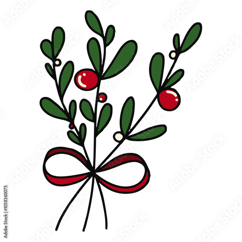 Hand drawn Christmas element Branch bouquet red ribbon for decoration clipart sticker no background