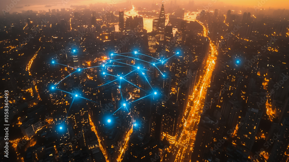 Fototapeta premium Smart digital Innovation city with connection network reciprocity over the cityscape. of future smart wireless digital city and social media networking systems that connects people with in city 