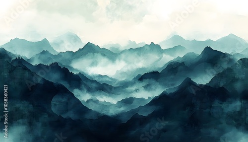 Abstract Watercolor Painting of Mountain Ranges with Fog