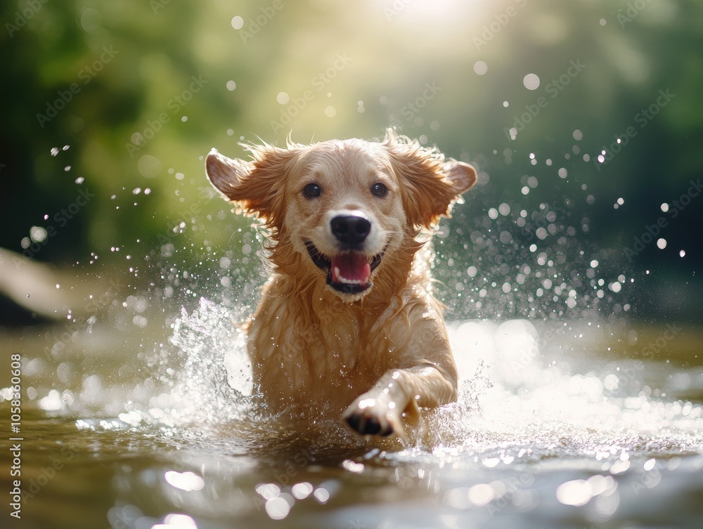 Golden Retriever Playing in Water Splashing Joyfully Golden Retriever Playing in Water Splashing Joyfully
