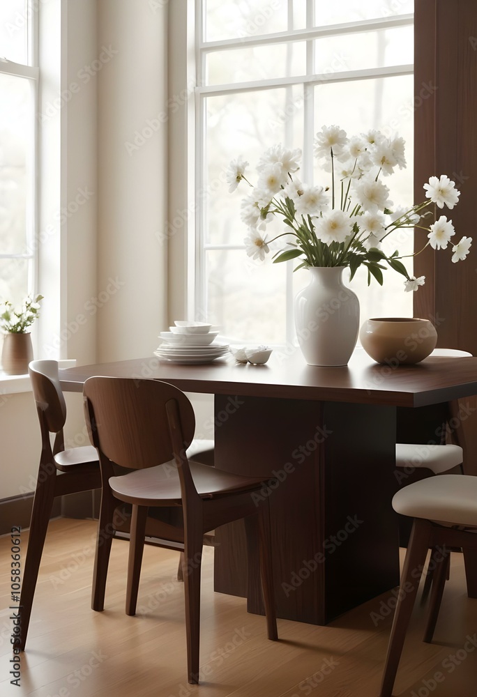 A cozy dining room with a wooden table and chairs, a vase of white flowers, and a framed artwork on the wall. A cozy dining room with a wooden table and chairs, a vase of white flowers, and a framed artwork on the wall.