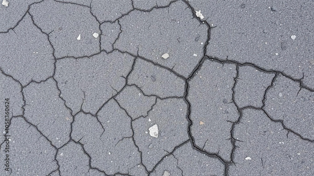 Obraz premium Cracked asphalt road surface with natural wear and tear marks, dirt, background
