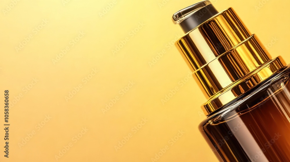Elegant cosmetic bottle with gold accents against a warm background. Elegant cosmetic bottle with gold accents against a warm background.