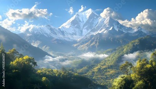 Majestic Snowy Mountain Peak Rising Above a Lush Valley