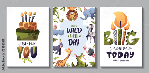 Set of Birthday greeting card with cute jungle animals. Giraffe, gorilla monkey, hippopotamus, ostrich, elephant, lion, crocodile, zebra, snake, cake, candles. Vector illustration. photo